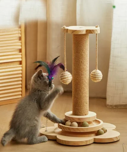 Wooden Interactive Cat Toy and Scratcher